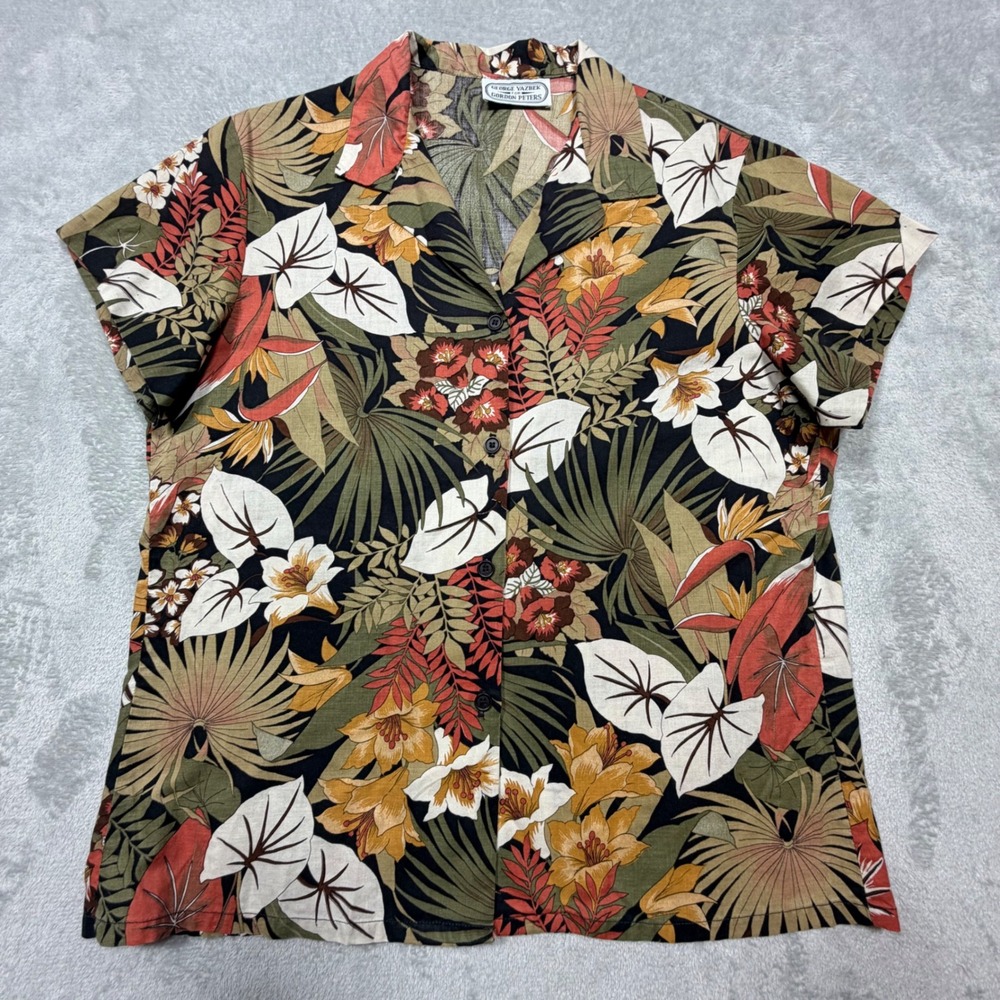 Vintage 90s George Yazbek Gordon Peters Floral Linen Blend Tropical Shirt L